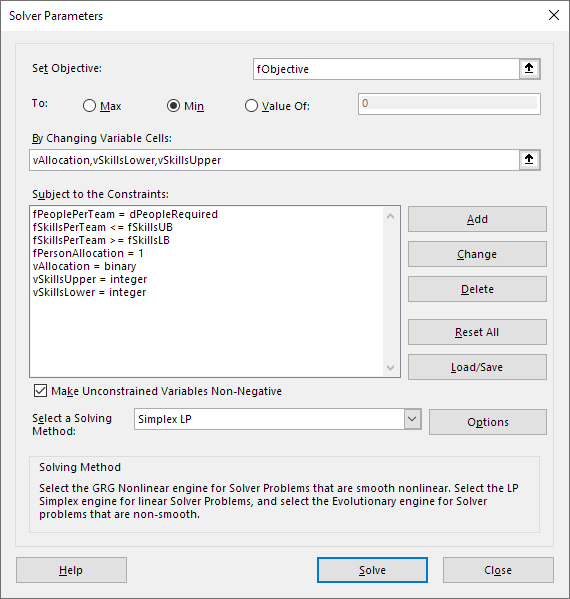 Solver dialog