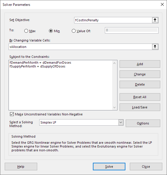 Solver dialog